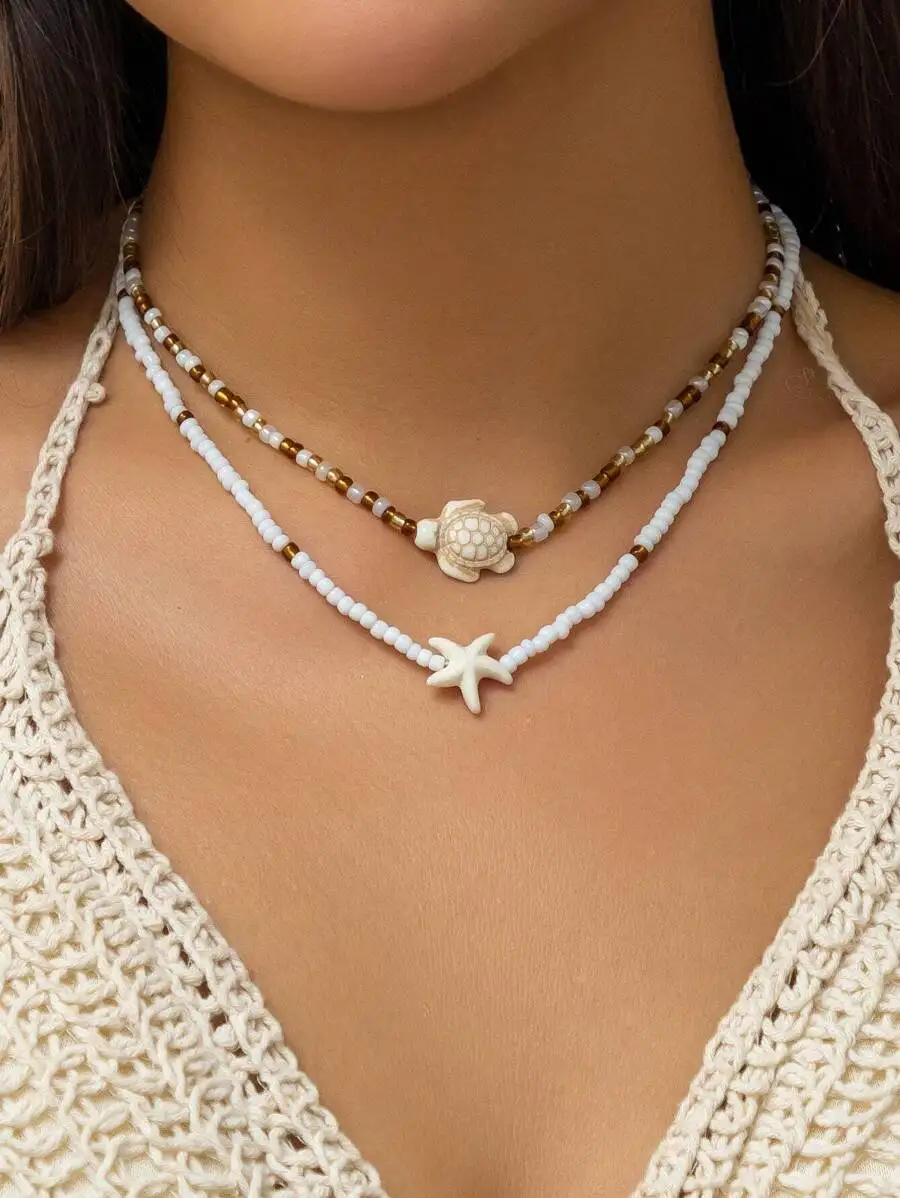 2pcs Vintage Bohemian Starfish & Sea Turtle Pendant Beaded Choker Necklace, Fashion Jewelry Set for Women Ladies, Festival Gift for Best Friends, Beige Beads Random Color, Trendy Summer Accessory for Beach, Party, Daily Wear & Special Occasions