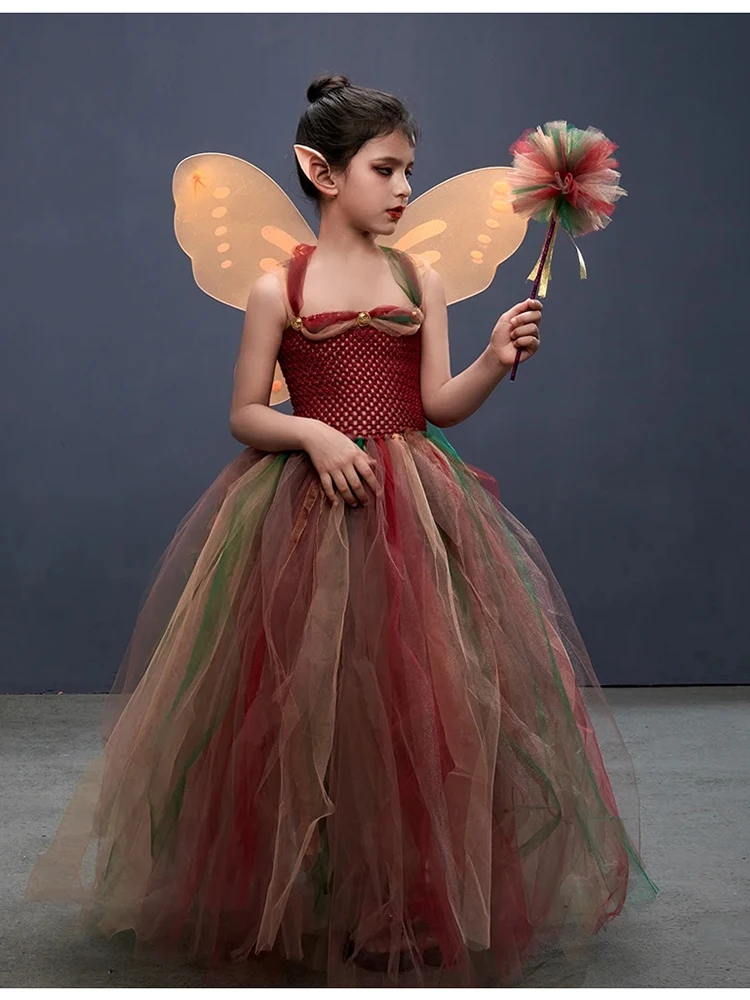 Robe de princesse féerique à fleurs pour filles, avec aile, Costume de princesse d'halloween, Cosplay, elfes, robe de soirée fantaisie