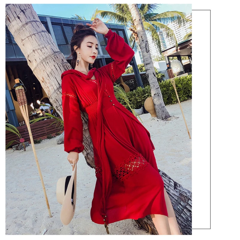 Imagem -03 - Elegante Red Beach Summer Dress Feriado Étnico Dividir Vestido Longo Retro V-neck Hooded Red Ribbon Dress para Mulheres 2023 Vestidos