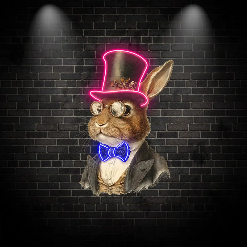 Toysign Vintage Neon Rabbit Wall Art – Steampunk Top Hat & Bow Tie LED Sign, Retro Animal Portrait, Decorative Night Light