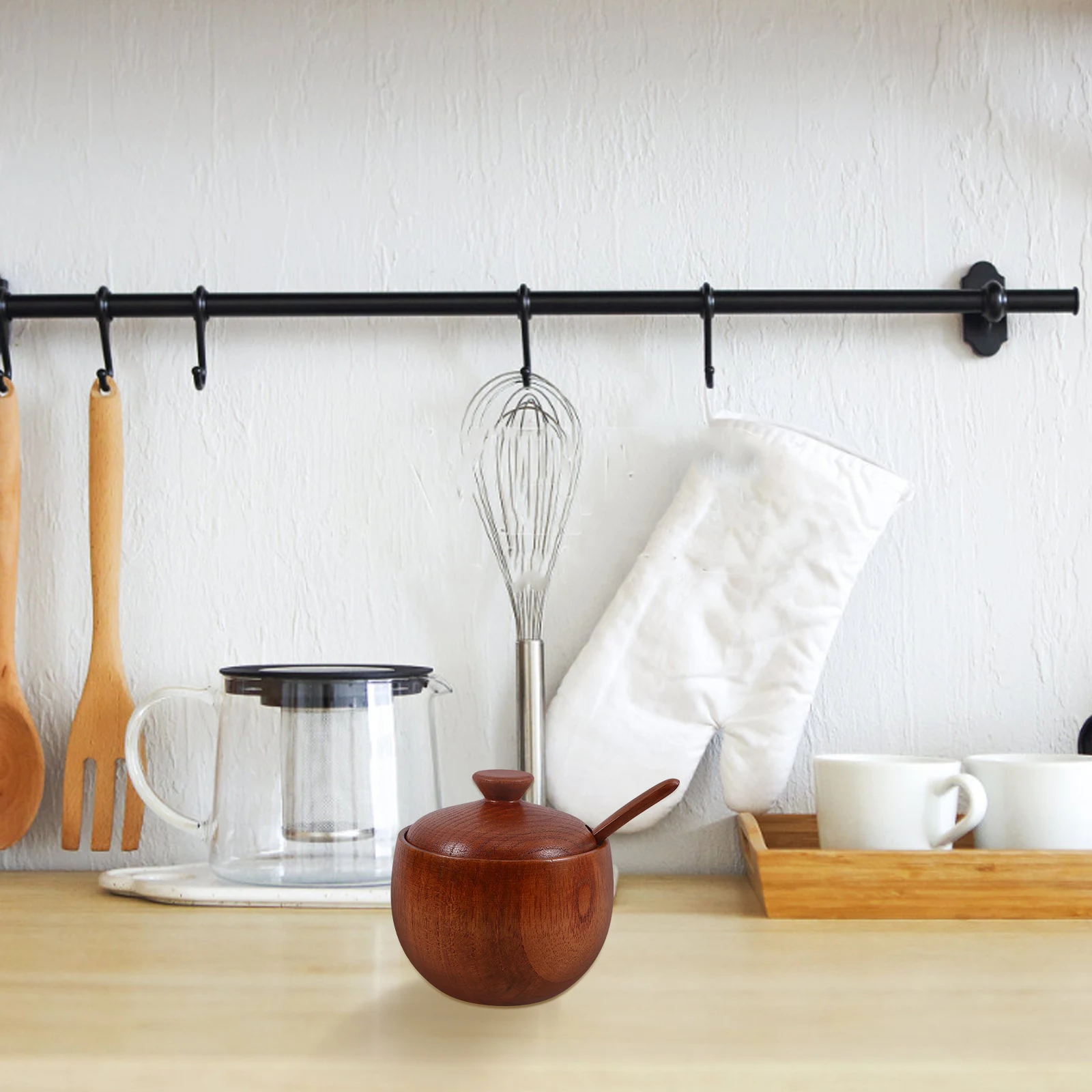 

Stylish Wooden Seasoning with Spoon Resistant Lid Salt Sugar Container Practical Spice Bowl for Kitchen Dark Brown