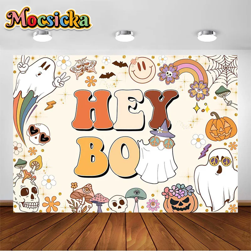 

Mocsicka Photography Background Halloween Hey BOO Ghost Pumpkin Rainbow Girl Baby Shower Backdrop Photo Studio Props Photozone