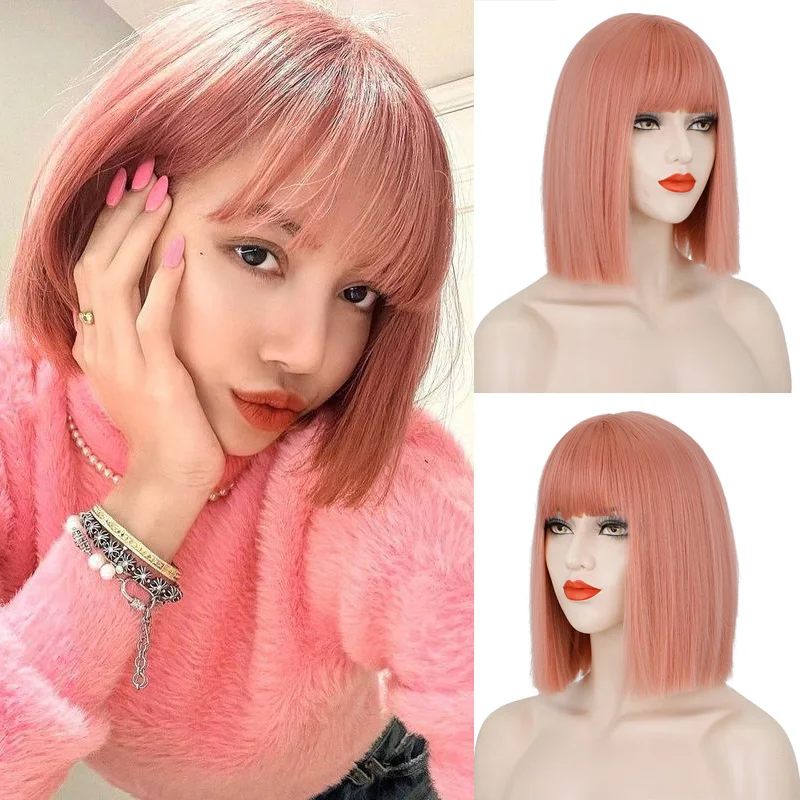 Short Bob Wig With Bangs Synthetic Pink Cosplay Wig Natural Straight Synthetic Bob Wig With Bangs For Woman Daily Cosplay Party