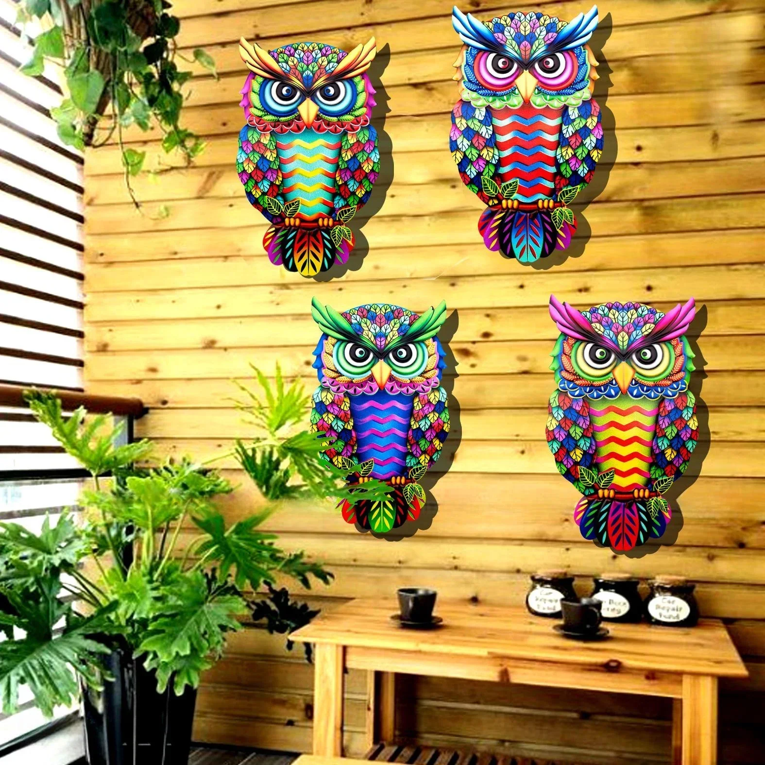 Metal Art Owl Wall Decor Colorful Iron Art Owl Sculpture 4 Colors Owls Hanging Ornament Pendant for Indoor Outdoor Home Garden