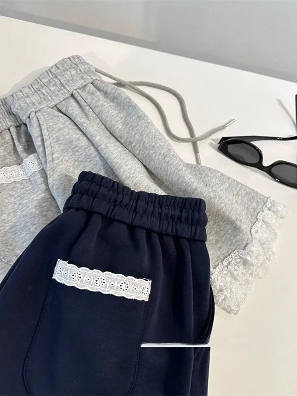 Plones cortos de pierna ancha de estilo coreano con encaje y retazos para mujer, falda con cordón de cintura elástica ade...