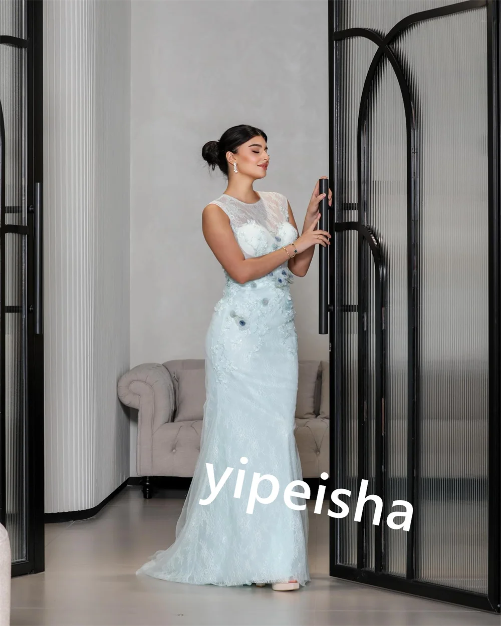 Vestido de tule personalizado com apliques de celebridade sereia joia sob medida vestidos longos