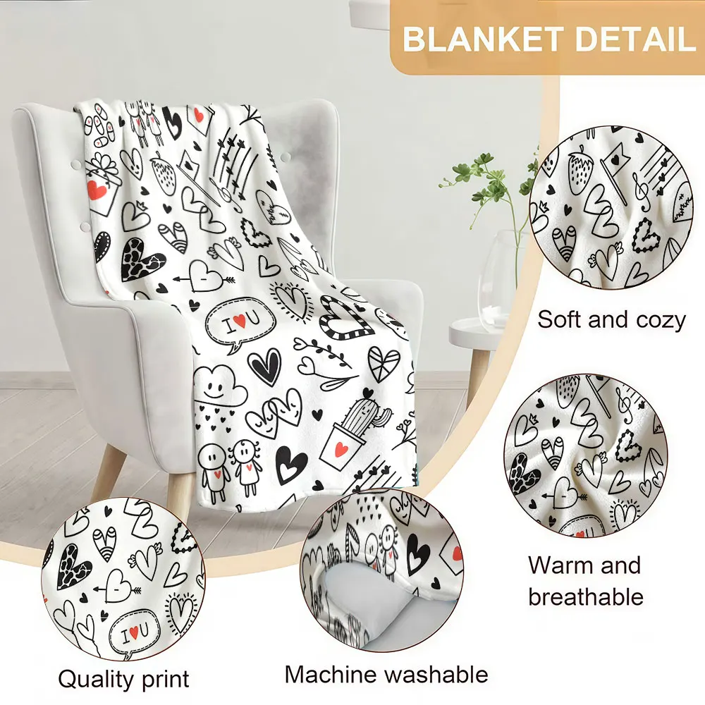 Doodle Love Heart Print Soft Warm Flannel Blanket Lightweight Cozy Christmas Halloween Home Decor Room