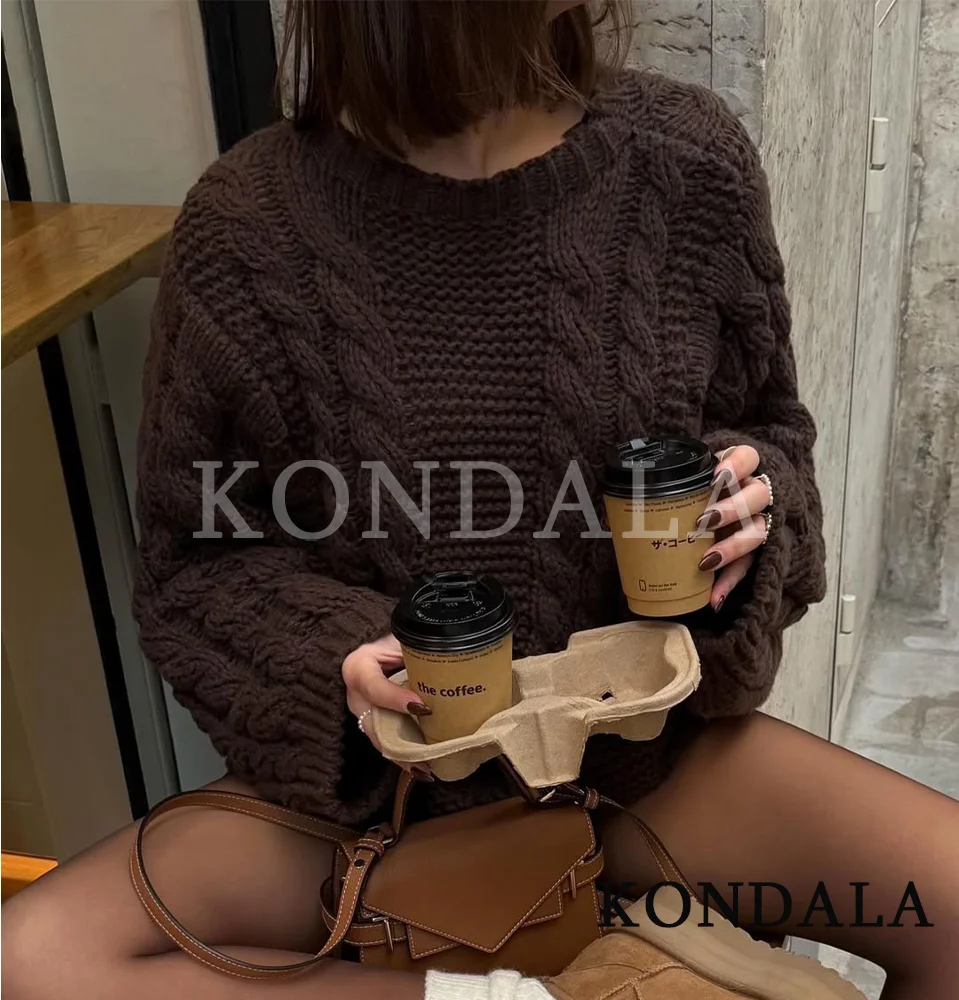 

KONDALA Elegant Vintage Sweater Women O-Neck Coffee Brown Knitted Tops 2025 Fall Fashion High Street Female Retro Y2K Sweater