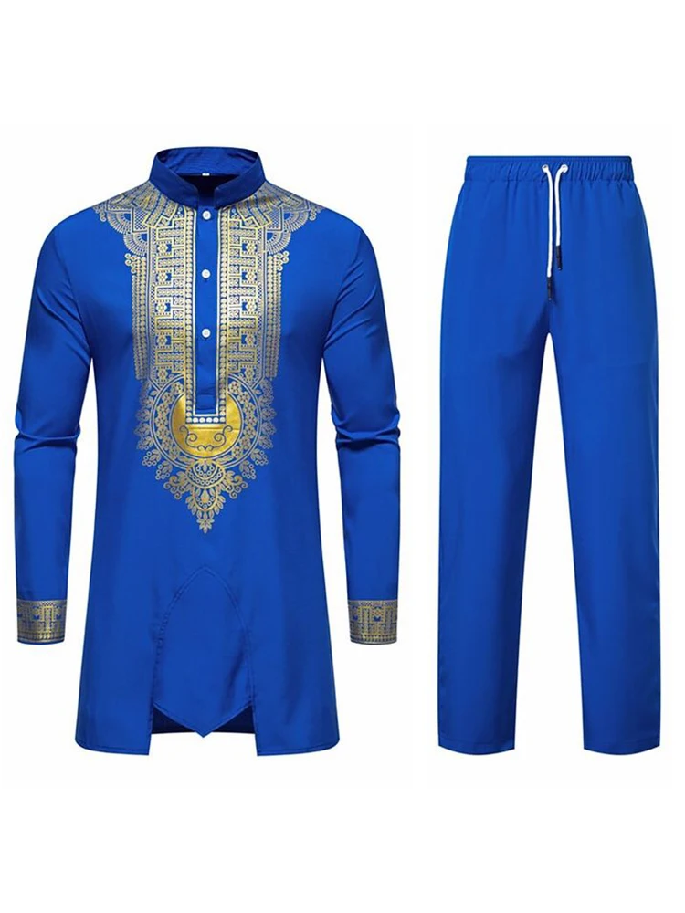 Men\'s Muslim Robe Black White Yellow Navy Blue Long Sleeve Pants Arab Men\'s Traditional Printed Clothing 3D Printed In A Vari