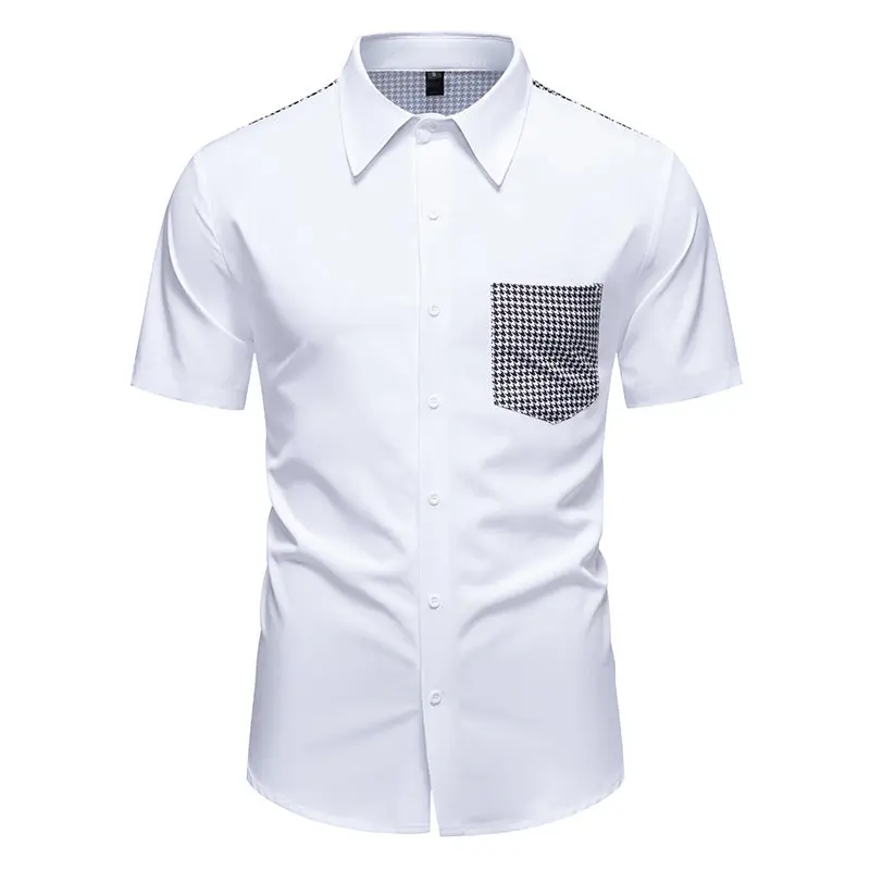 

Summer Men's Houndstooth Patchwork Short Sleeve Shirt with Pocket Casual Basic Office Work Shirts Business Party Nightclub