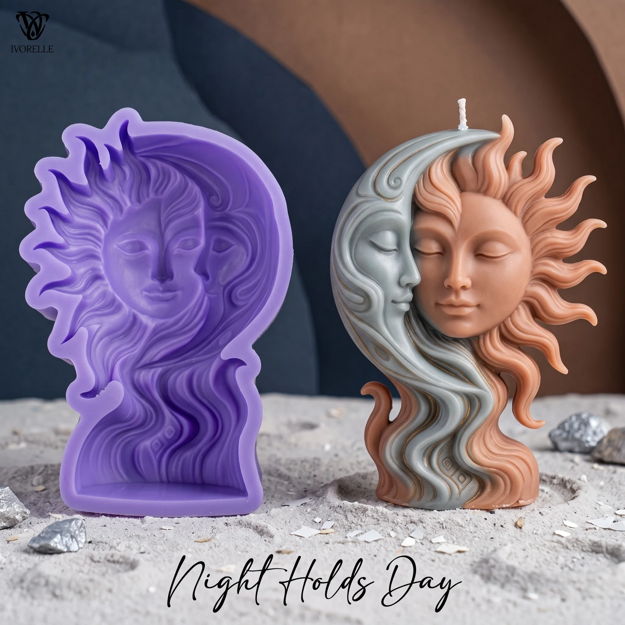 IVORELLE Sun And Moon Face Silicone Candle Mold Closed Eyes And Wavy Hair For Wax Resin Plaster Soap DIY Home Decor Craft