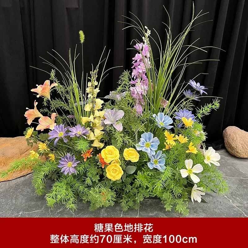 Classical New rose pink wedding large floor row flower simulation finished flower row T-platform road guide wedding flower blue