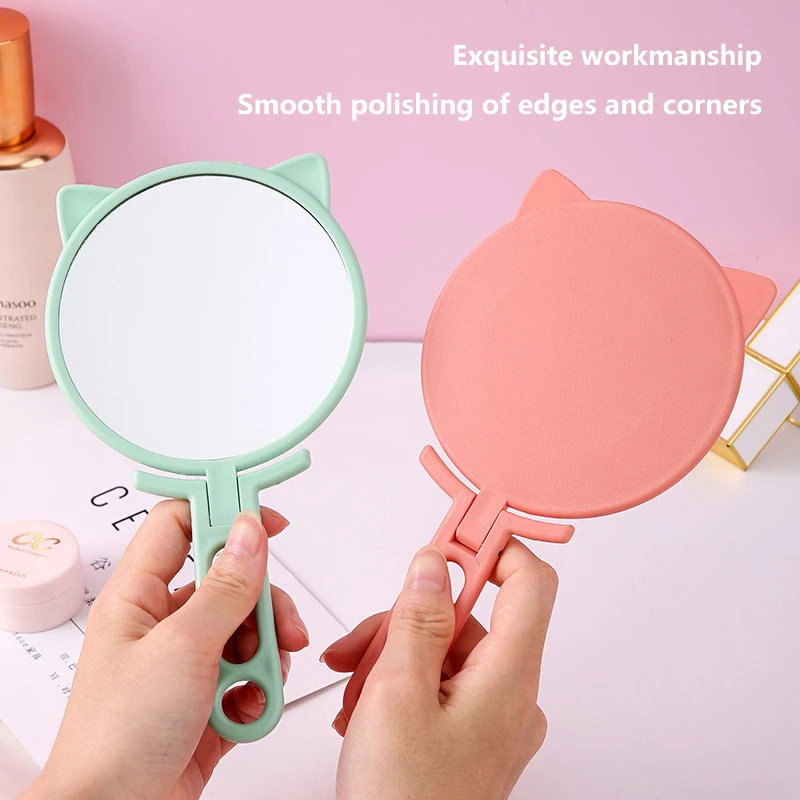 1pc Simple Cat Ears specchio per il trucco portatile HD specchio da tavolo pieghevole portatile a doppio uso specchio per il trucco con manico per studenti a prezzi accessibili