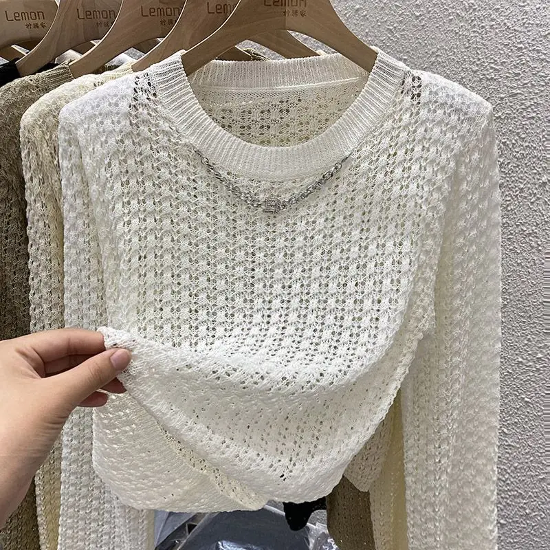 Unique Knitted Thin Sun Protection Cover for Women's Spring/Summer Hollow Short Top Loose Long Sleeve Solid Color