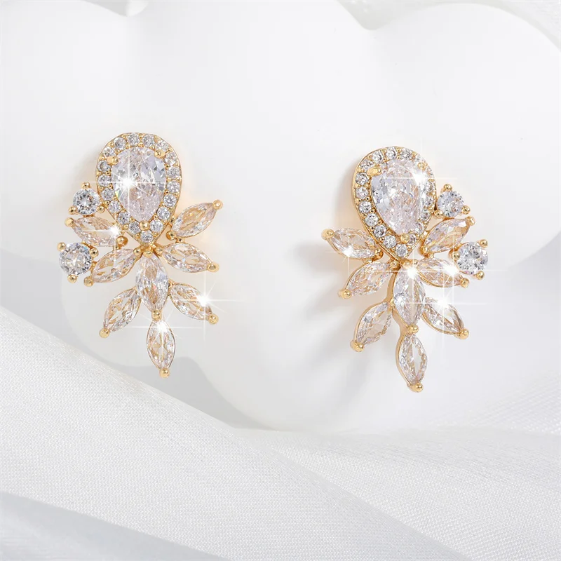 ZAKOL Fashion Water Drop Marquise Zirconia Earrings for Women Shinny Crystal Leaf Earring Bridal Gold Color Wedding Jewelry