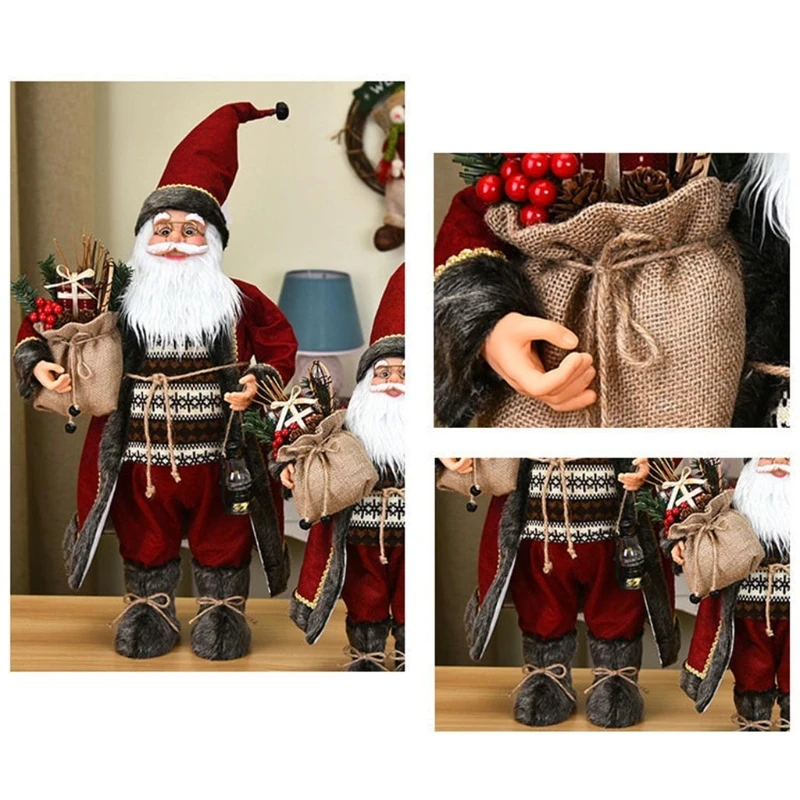 KX4B คริสต์มาส Santa สำหรับตุ๊กตาพร้อมกระเป๋าของขวัญโคมไฟน้ำมันตุ๊กตายาว Robe ยืนรูปปั้นตกแต่ง Xmas เครื่องประดับ