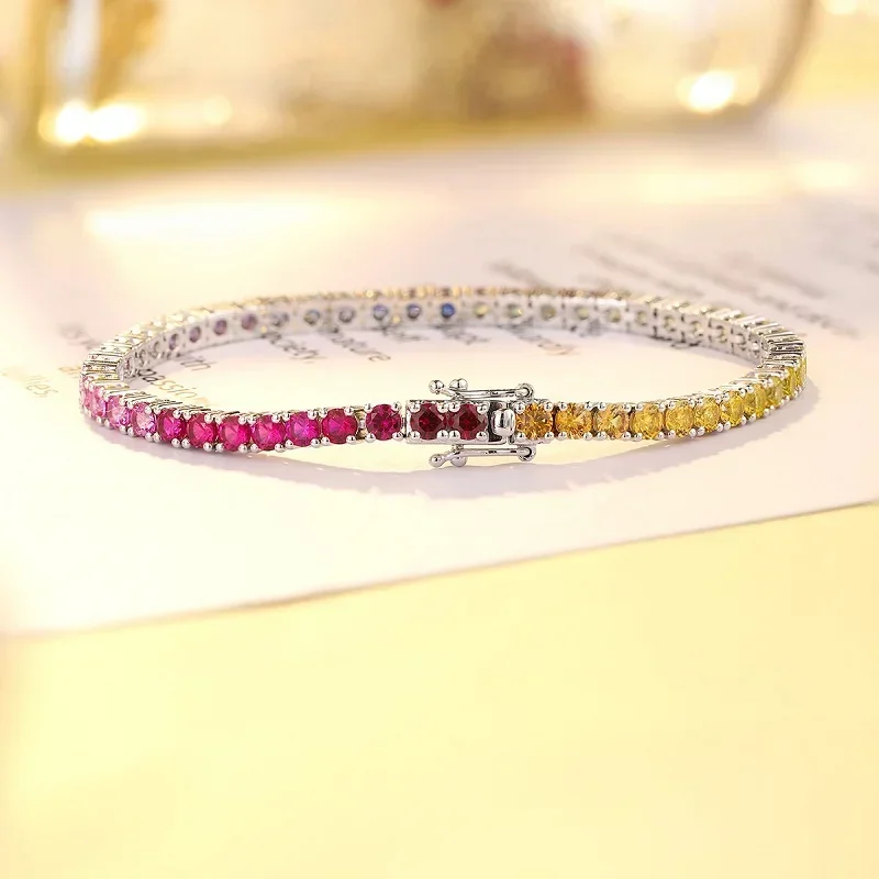 

RUIF New Fashion 3mm Round Rainbow Bracelet S925 Silver Lab Creeated Saaphire Gemstones Jewelry for Party Women Gift