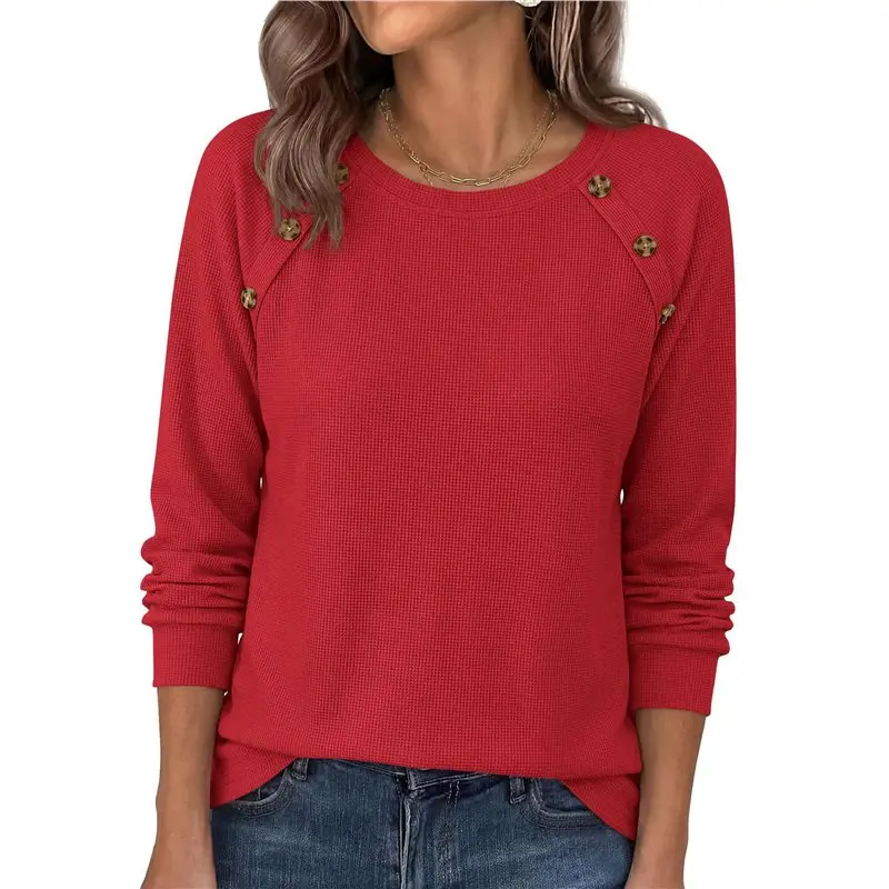 

NEW-Womens Summer Tops Waffle Long Sleeve Shirts Crew Neck Button Shoulder Dressy Casual Blouses