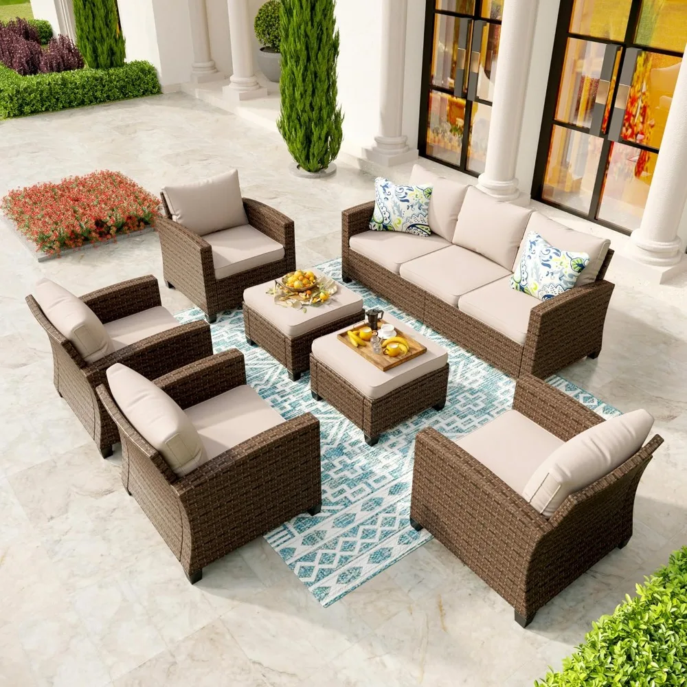 

Patio Furniture Set Outdoor Furniture Brown Wicker Rattan Patio Conversation Sets with Cushion Outside Sofa Set,7 Pieces 9 Seats