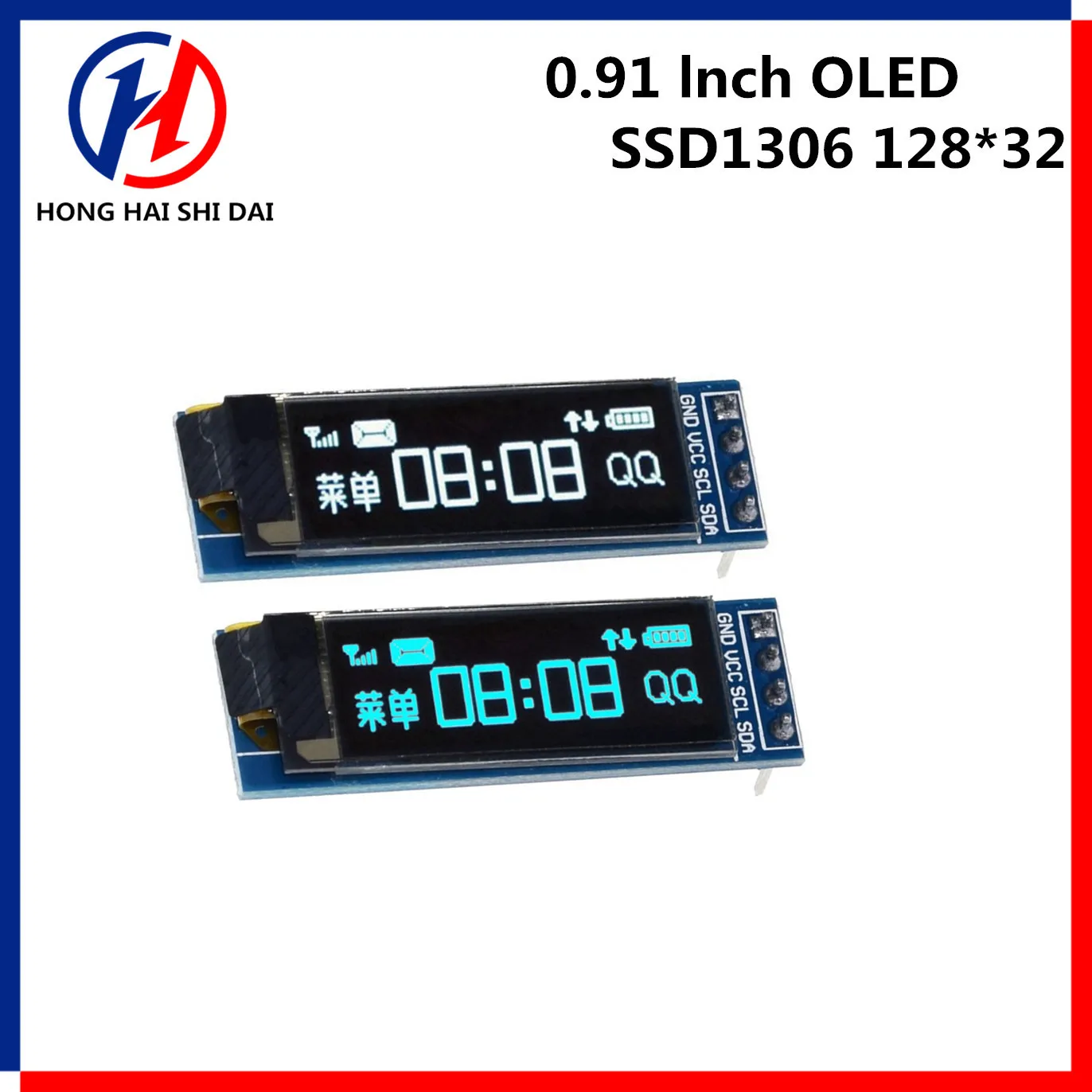 Modul Display LED LCD OLED putih dan biru, IIC berkomunikasi, sertifikasi ROHS, 0.91 inci, 128x32