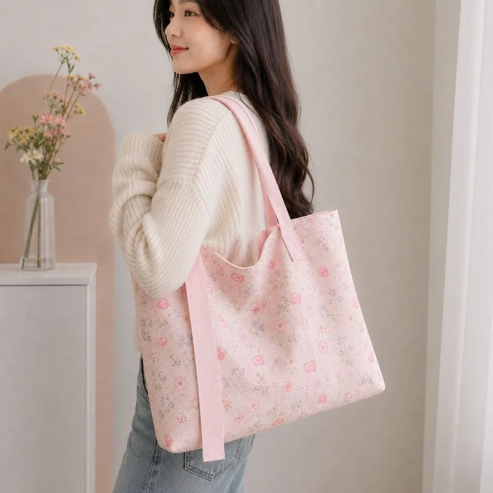 Casual Floral Canvas Tote Bag Reusable Large Capacity Shoulder Bag Lightweight Commute Handbag For Students