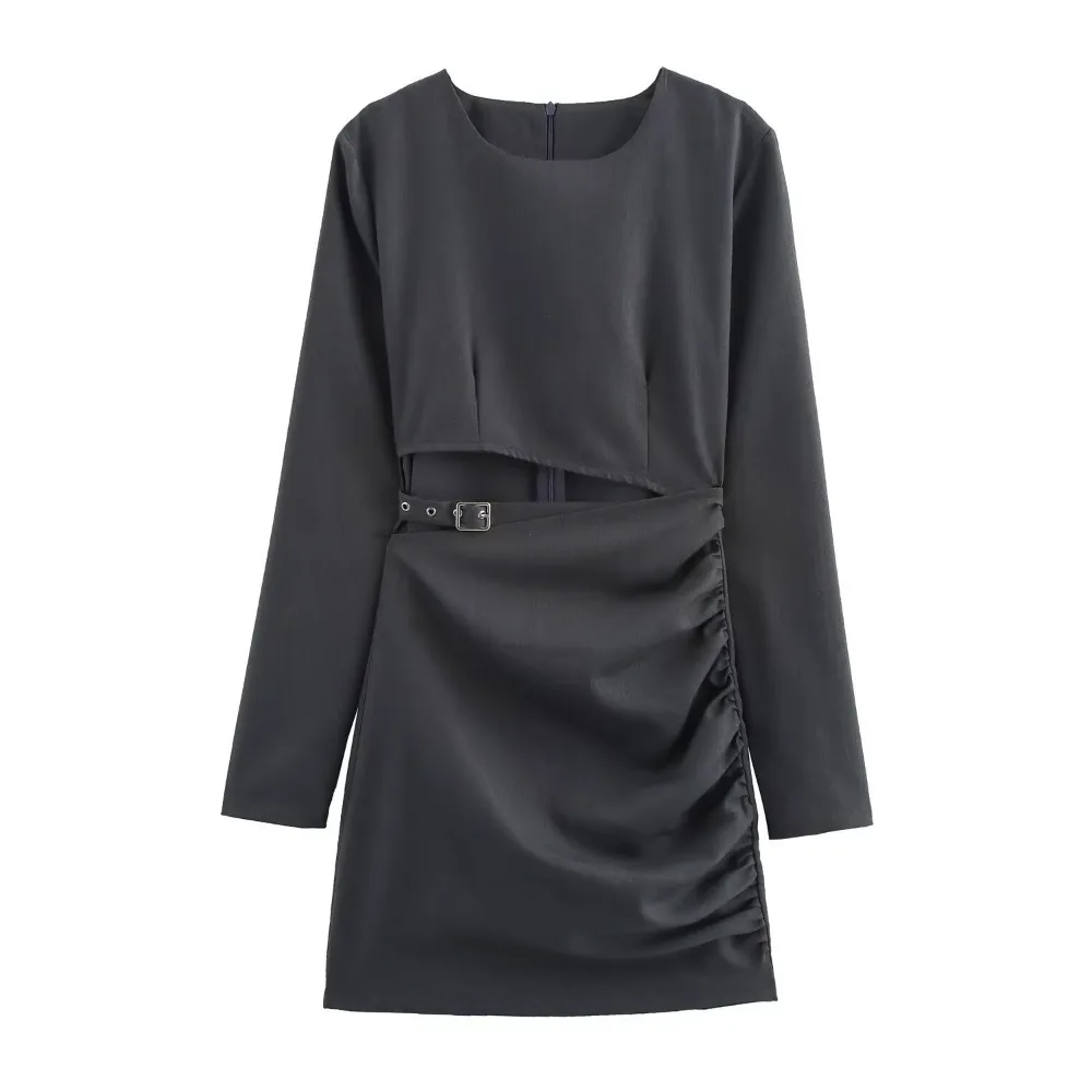 

ZBZA Women Hollow Pleated Mini Dress Retro Slim Fit Round Long Sleeve Back Zipper A-line Dress Spring Summer New Female Chic Top