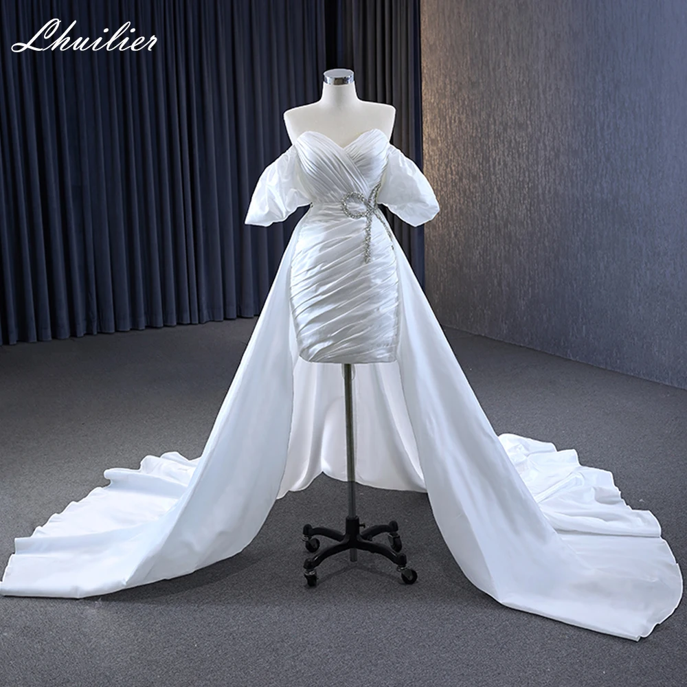 

Lhuillier 2 in 1 Short Mini Satin Wedding Dresses Off the Shoulder Pleated Bridal Dress with Detachable Train