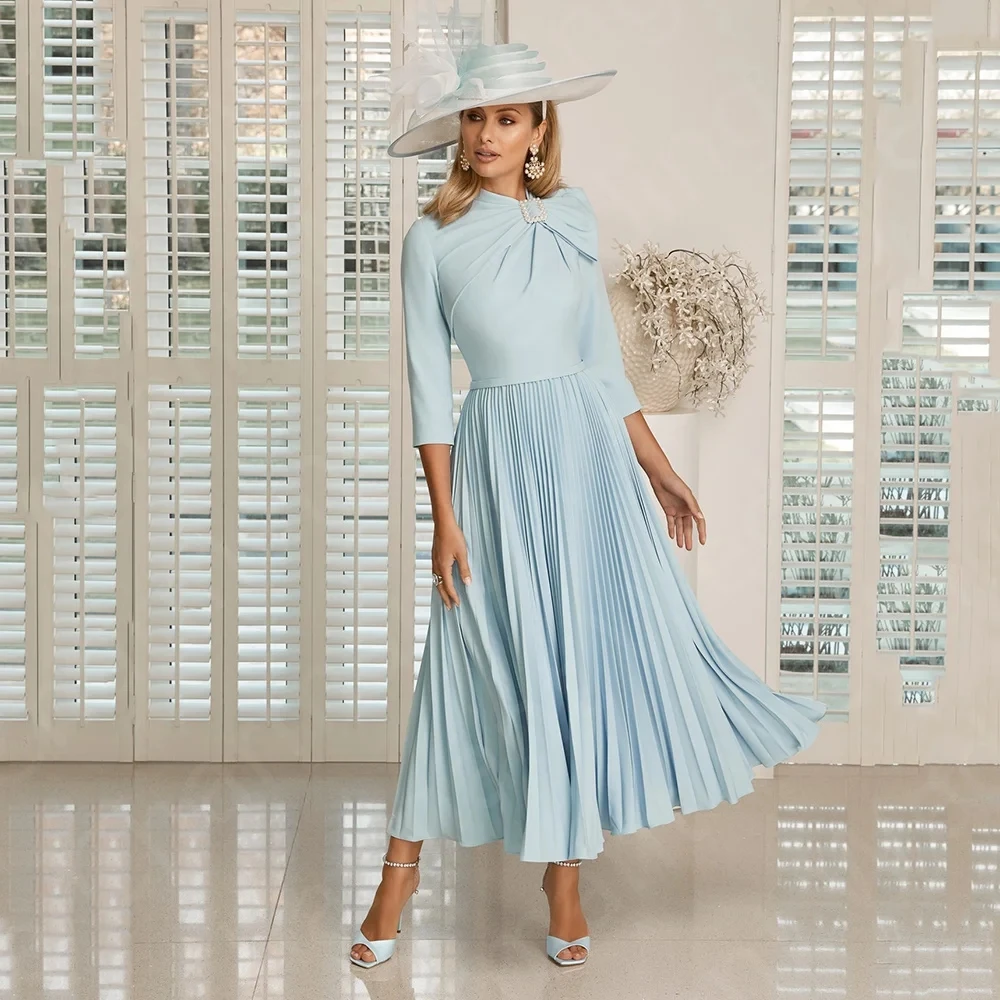 

Elegant Baby Blue Mother Of The Bride Dresses O-neck 3/4 Sleeves Pleating Tea Length A Line Wedding Guest Party Gowns