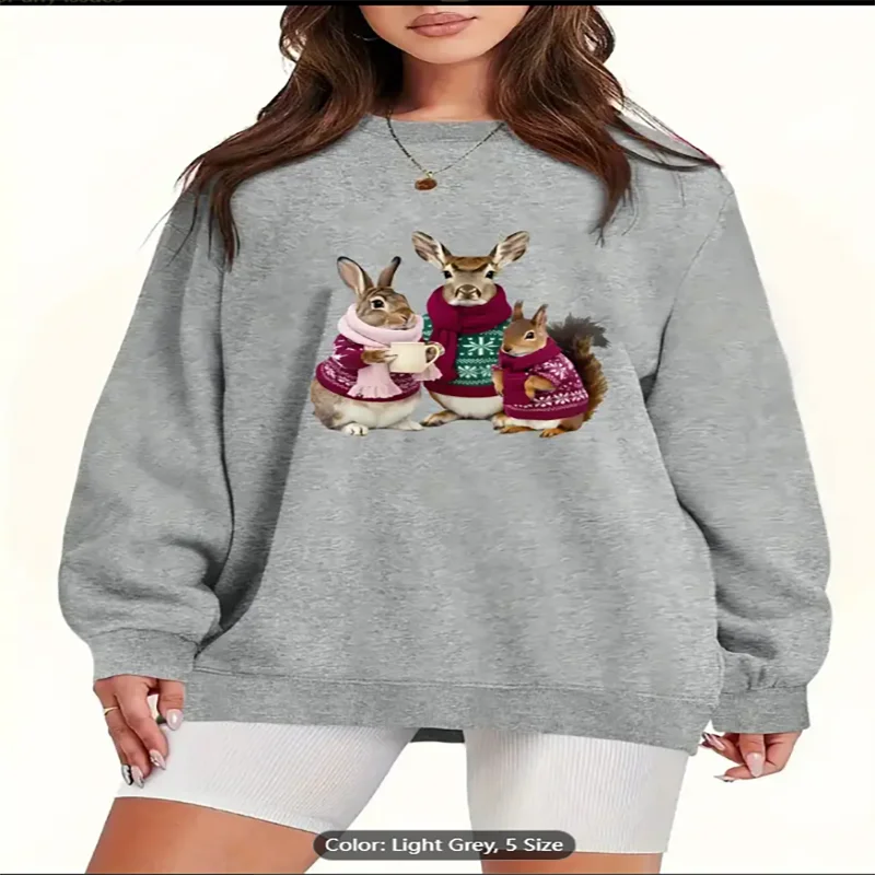 Christmas Three Rabbits Print Sweatshirt, Four Seasons Fashionable Round Neck Casual Letter Art Pattern swear