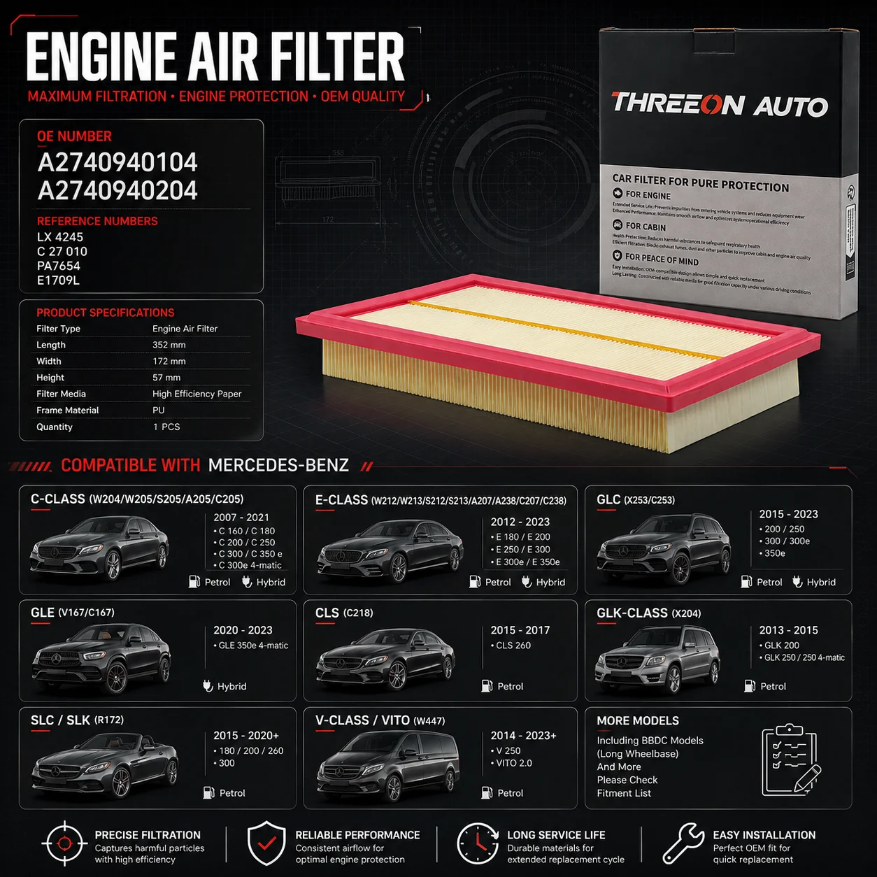 WESTGUARD Air Filter For Mercedes-Benz GLC300 350e 2016-2023, SLC300 2017-2019, SLK300 2015-2020 2.0L A2740940104 /204 MA7310