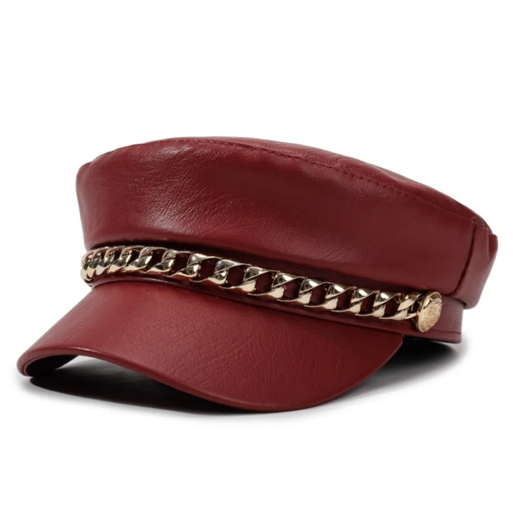 Retro PU Leather Newsboy Cap Chain Decor Adjustable Strap Baker Boy Cap Faux Leather Short Brim Beret Hat Casual Street Wear