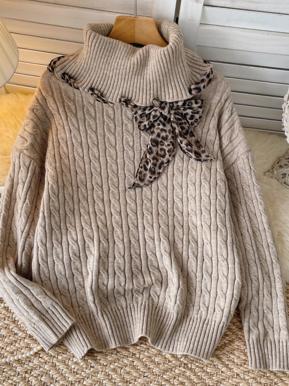 Gagaok Casual Leopard Print Scarf Tie Sweater Women Versatile Fried Dough Twists Half High Neck Knitted Top Outwear Pullover