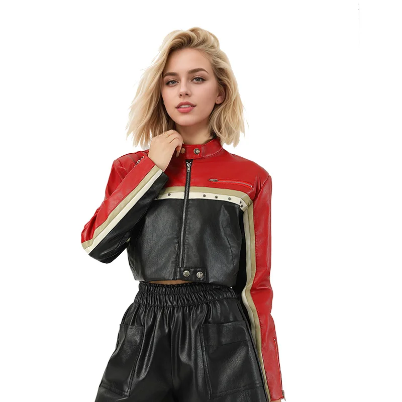 Contrast Color Stitching PU Leather Women's Jackets Cardigan Sweater Parkas Skirt Woman Clothes Tops Trend Sweatshirt Clothing