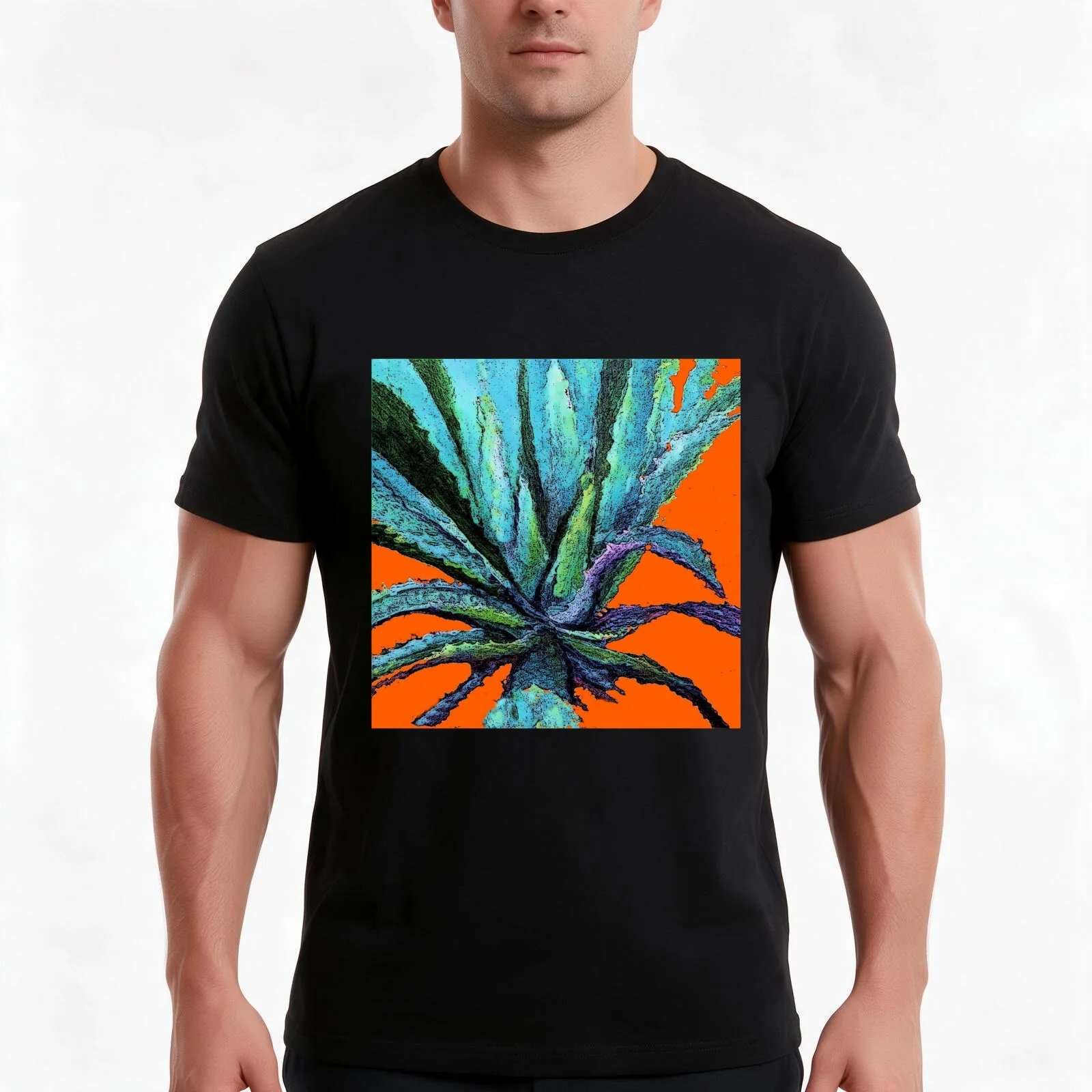 BLUE AGAVE CACTUS MODERN ART T-Shirt, Summer Casual Cotton Tee, Oversized Streetwear Tops, Vintage Graphic Print, 100% Cotton
