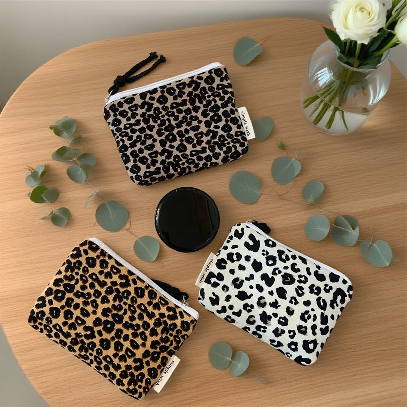 Portable Leopard Print Coin Bank Wallet, RFID ID Card Holder & Cosmetic Bag for Travel, Earphone & Hair Accessories Storage