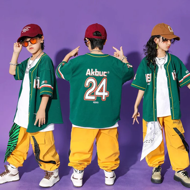 Street Dance Children Clothing Hip Hop Green Shirt White Top Yellow Jogger Pants Boy Girl Jazz Stage Show Outfit Streetwear 1471