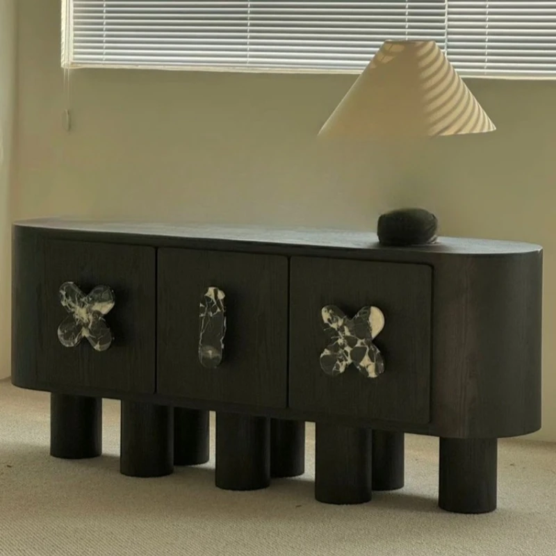 

Retro black solid wood dining side cabinet, household entrance foyer, porch cabinet, designer villa model room, locker