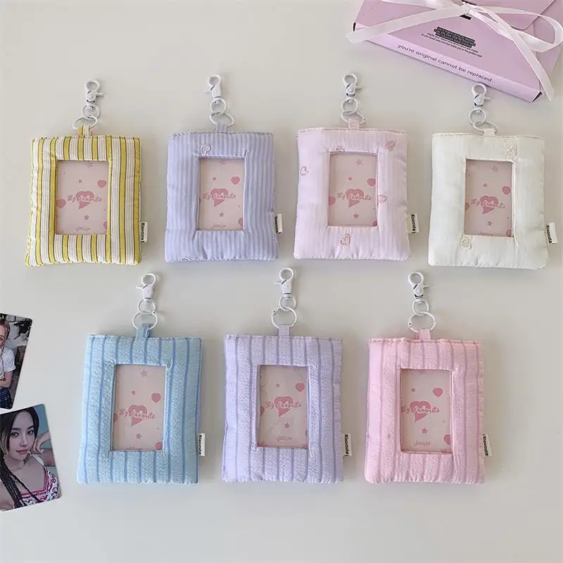 Dopamine Cute Padded Stripe Love Card Holder Photocard Holder Idol Photo Display Storage Protect Cover Keyring Pendant Bag Charm