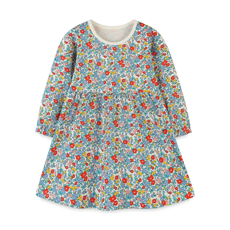 

Jumping Meters 2-7T Floral Print Children's Girls Dresses Pockets Long Sleeve Cartoon Baby Clothes Princess Girls Frock Costume