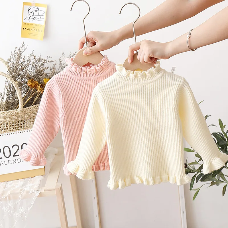 

Girls' Knitted Base Layer with Lotus Leaf Edges, Knitted Pullover, Long-Sleeved Sweater for Children Aged 3-8 Years