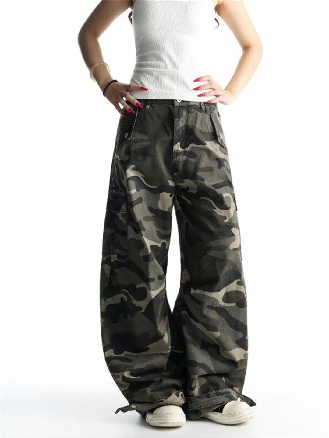 

American Retro Workwear Sle Camouflage Wide Leg Jeans Men Women Loose Multiple kets Casual Straight Leg Pants