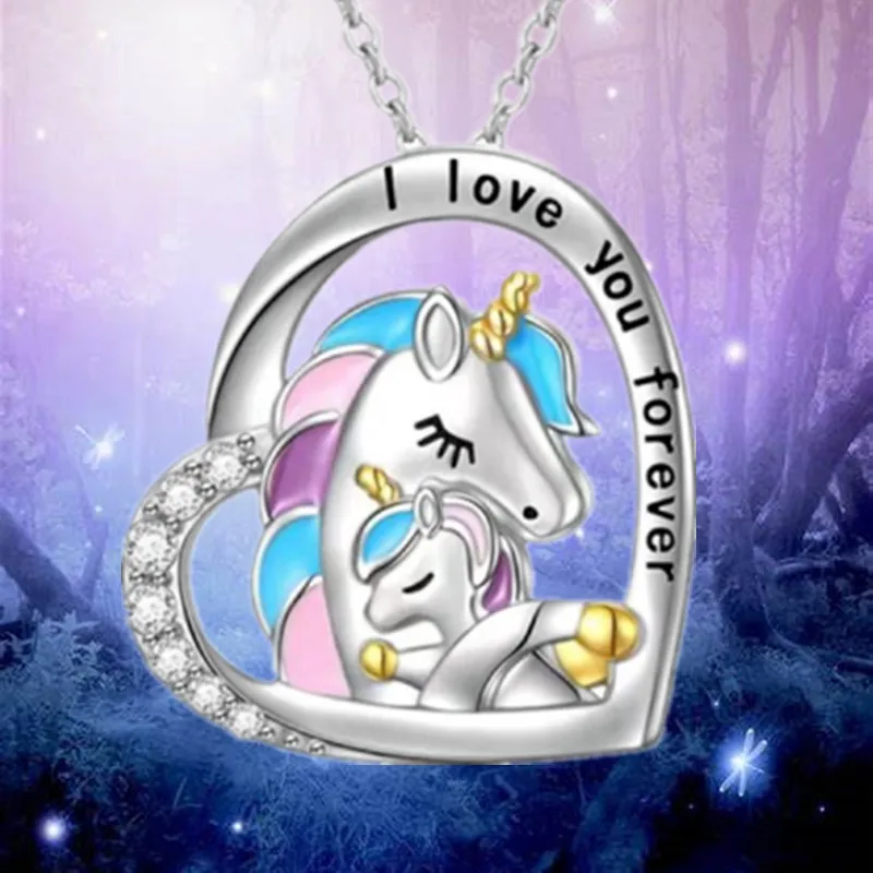 Fashion Heart Mother Child Unicorn Necklace Animal Jewelry Gold Plated Pendant Necklaces for Women Birthday Anniversary Gift