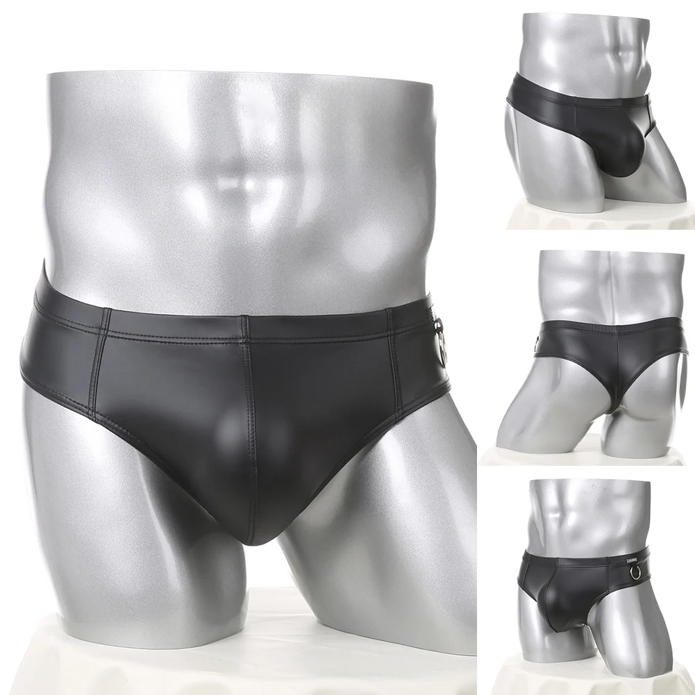 

Faux Leather Briefs Men Underwear Slight Strech Lingerie Low Rise Unisex Panties Metal Ring Decor Soft Men's Underpants Fashion