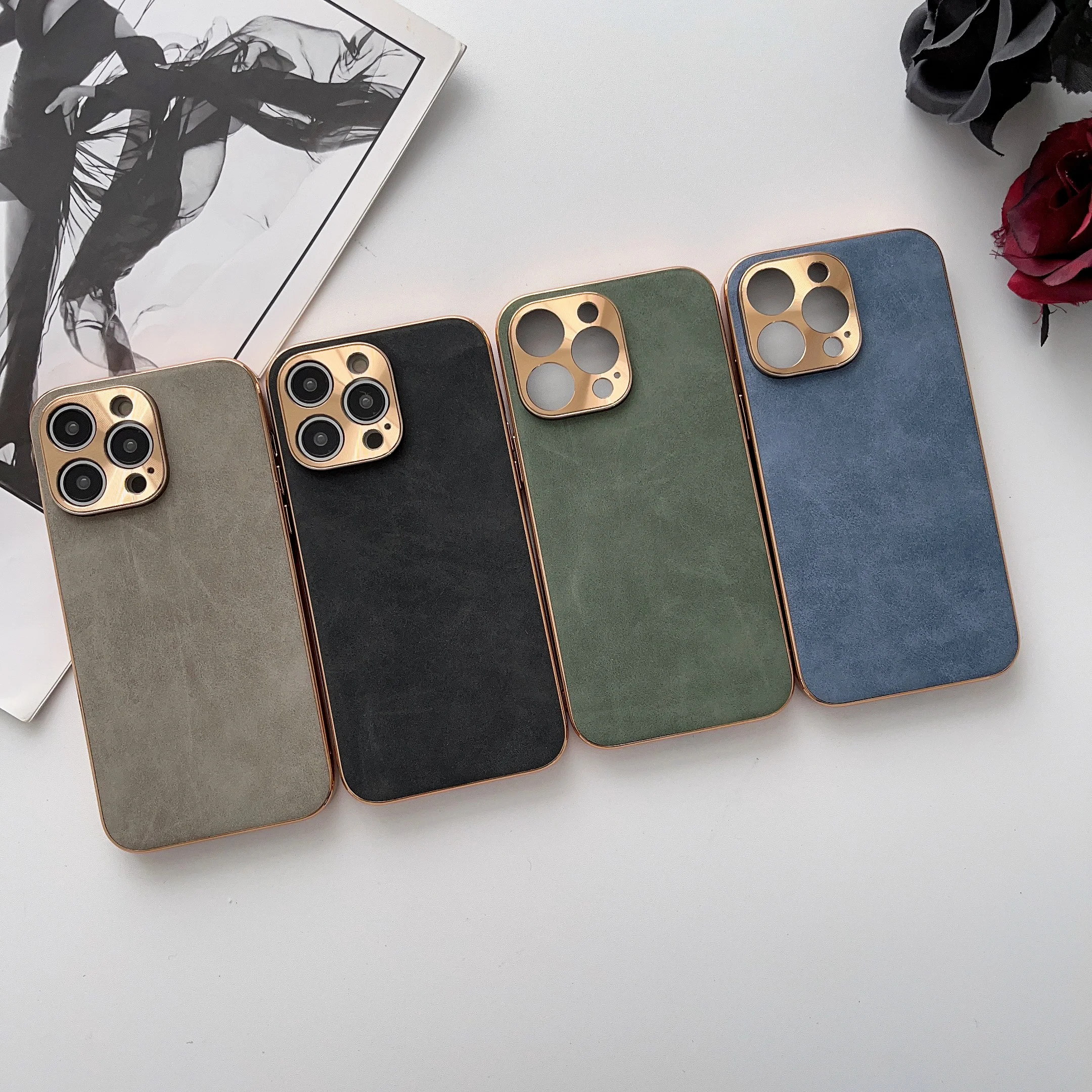 Leather Phone Case For Iphone 13 11 12 14 15 16 17 ProMax Plus Electroplated Frame Lambskin Phone Shell For IPHON 15 16 17Promax