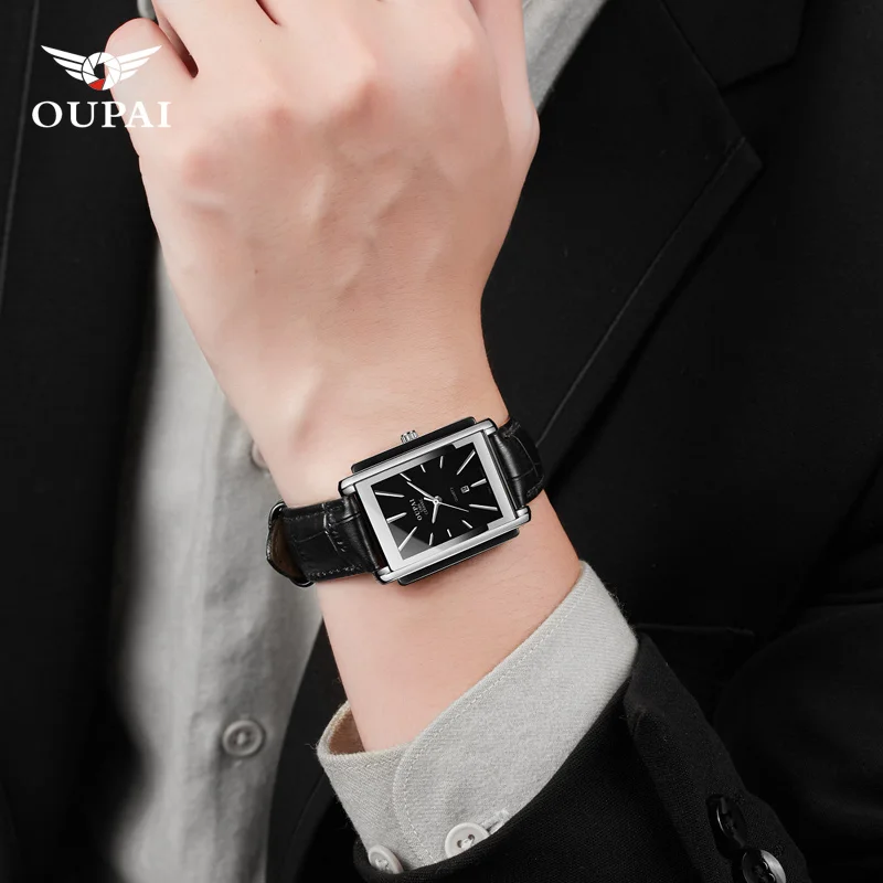 OUpai rectangular black ceramic between stainless steel dial, leather strap, Japan quartz movement watch, business simple luxury