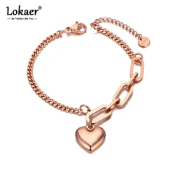 Lokaer Titanium Stainless Steel Bohemia Chain Link Bracelets For Women Original Design Fashion Love Heart Charm Bracelet B20149