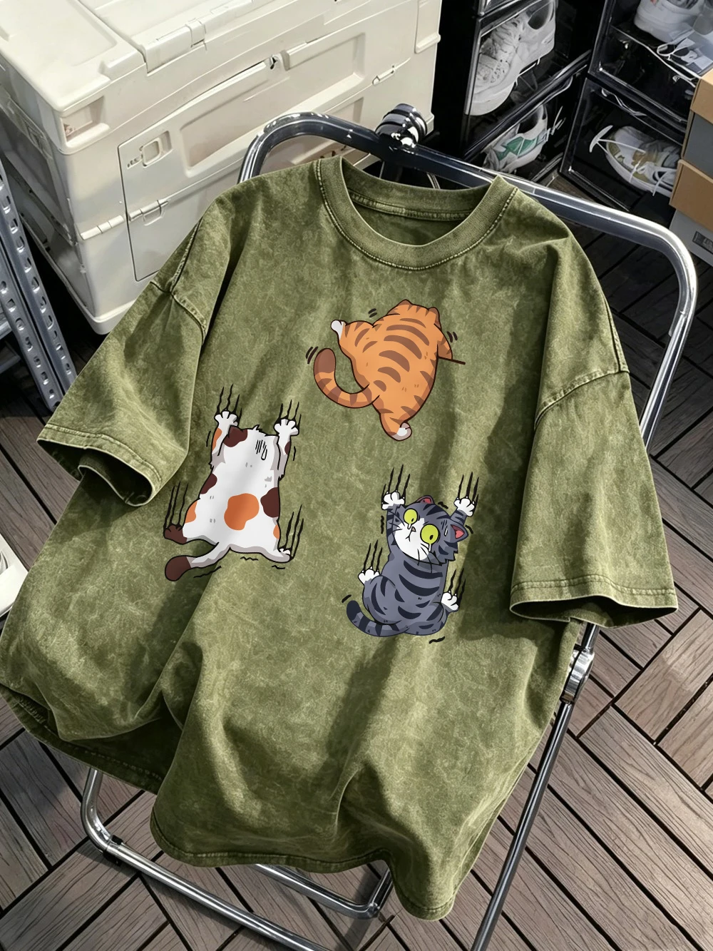 Three Cats Climbing Upwards Prints Washed T-Shirt Mens Cotton Oversized Tops Casual Comfortable T Shirts Summer O-Neck Clothes