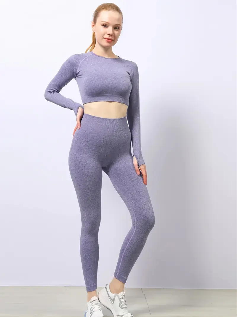 

2pcs Solid Workout Seamless Sets, High Waist Stretchy Fitness Yoga Leggings & Long Sleeve Cropped T-Shirts, Women's Activewear