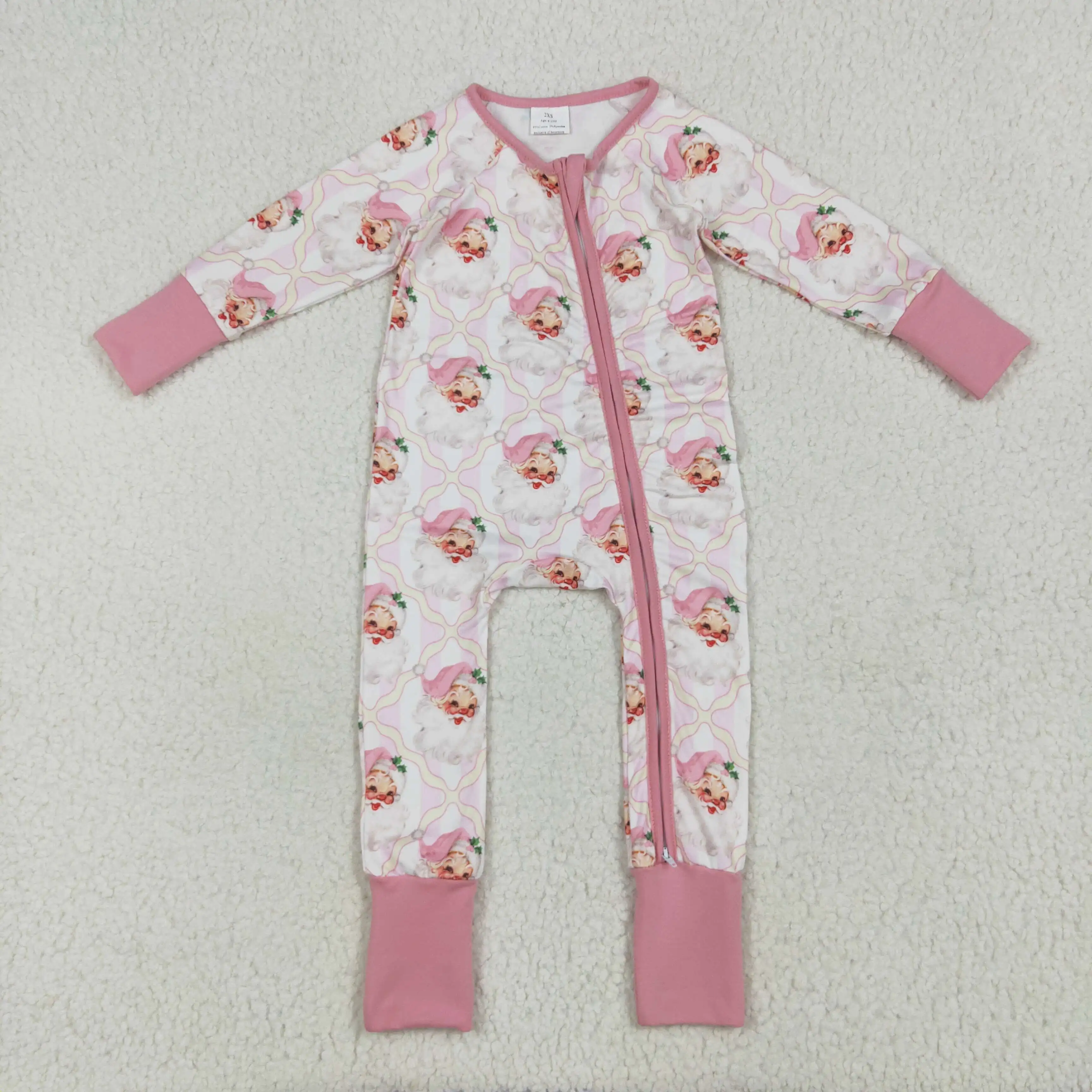 

New stock baby girls autumn romper wholesale boutique santa claus plaid pink stripes zipper long sleeve girl onesie