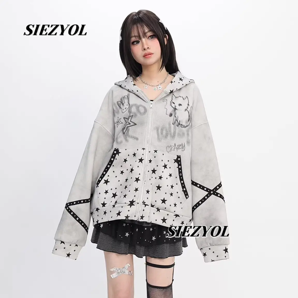 Sweet Girls Graffiti Distressed Tie-dye Hooded Coat Spring Autumn New Subculture Y2k Cool Loose Sweatshirt Street Tops for Women